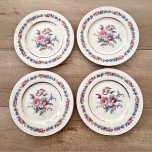4 Pcs C1950s SALAD PLATES CASTLETON CHINA MANOR PATTERN, HAND PAINTED ROSE 8.25”